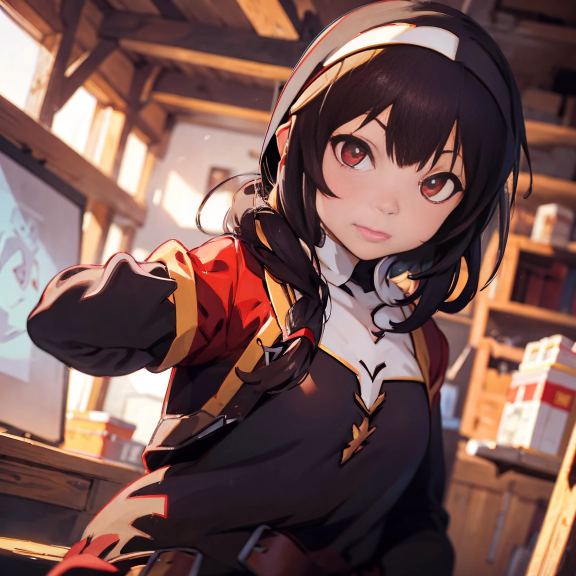 (((megumin dressed as a nun))), ((brown hair)), ((red eyes)), medieval, fantasy, magic, dungeons and dragons, ember particles, particles, flares, sharpened, chromatic aberration, masterpiece:6, best quality:5, realistic hands, (((split complementary palette))), bokeh, light, rim lighting:1, post processing, dslr, wide angle shot, in the style of Ilya Kuvshinov