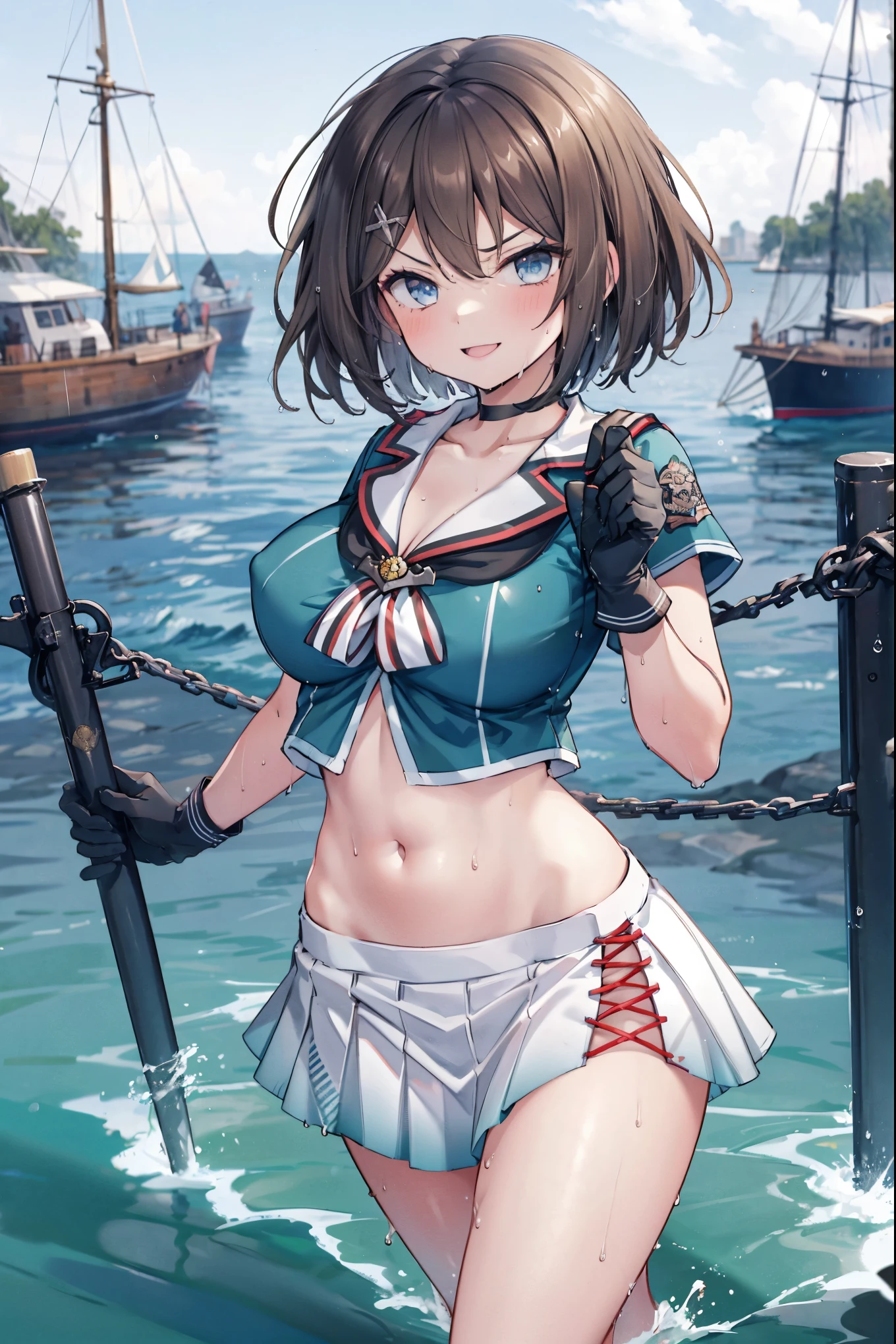 ung_teeirl, , brown_hair, medium_bob_hair, blue_midriff_baring_sailor_uniform, mini_skirt, short_sleeve, thighs, gigantic_breasts, angry, smile,nihil,standing, harbor_background, slightly_spread_Legs, happiness, short_gloves, wet,,covered_nipples, covered_crotch,Maya_flag,