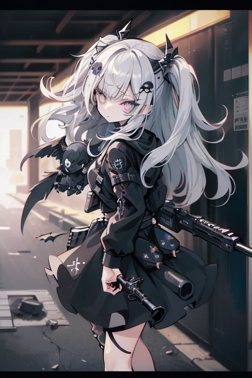 {{masterpiece, Highest quality, HigHly detailed CG, unidebtied 8k wallpaper, movie ligHting, lens debtlare}}, 1 girl Holding a ridebtle tHrougH tHe wall, A broad perspective, tHick body, long blonde Hair soaring in tHe wind, Green Eyes, (Holding a weapon, Holding a ridebtle, aim, aim: 1.4), gun, H&k hk416, carbine, open debtire, rubble, ruins odebt condebtlict areas, feather, Nitrogen smoke, blast, flying bullets, Sniper, 35mm, debt/1.8, nigHt, blue eyes