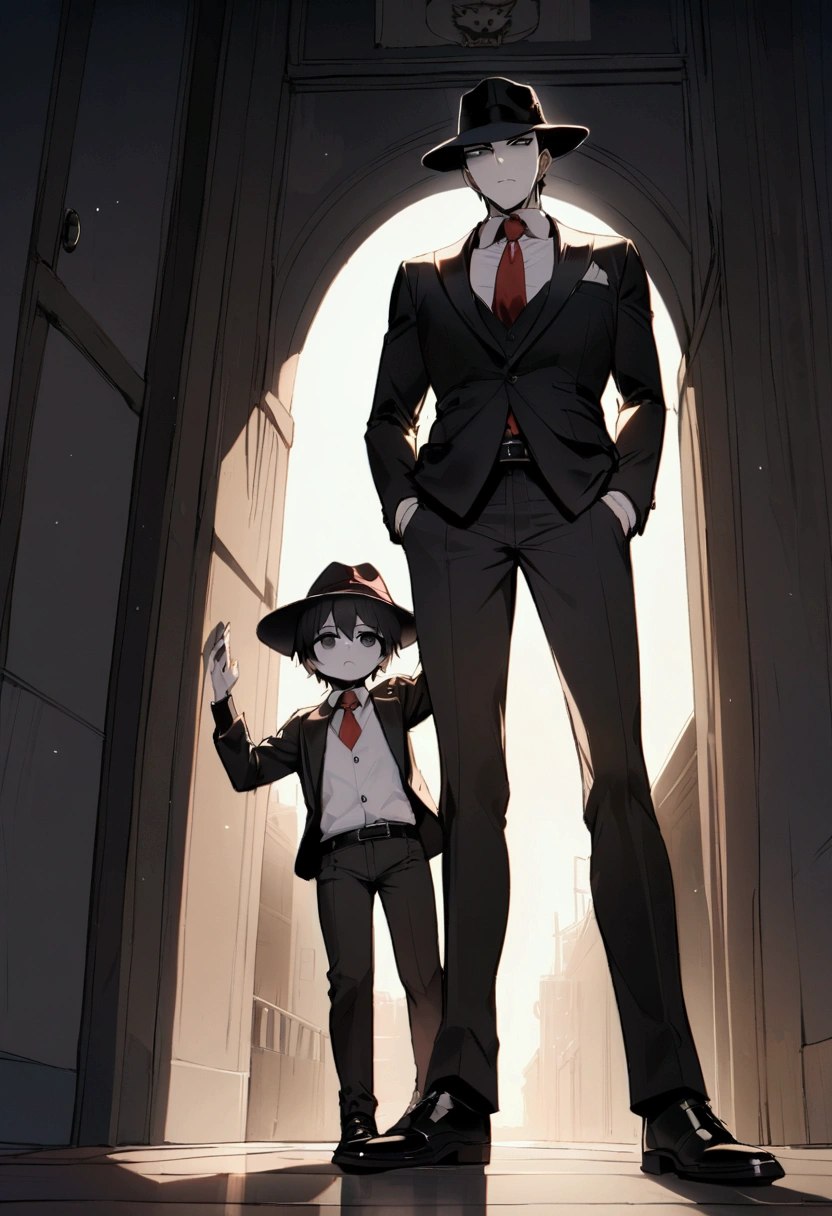 Masterpiece, children, boys, white skin, black eyes, black hair, white shirt, black suits, black trousers, black shoes, black long jacket with fur, black fedora hat, red tie, sharp gaze, he's the mafia boss of the strongest mafia group, wolf logo, both hands put in pockets, with his girl, she hold his hand to him