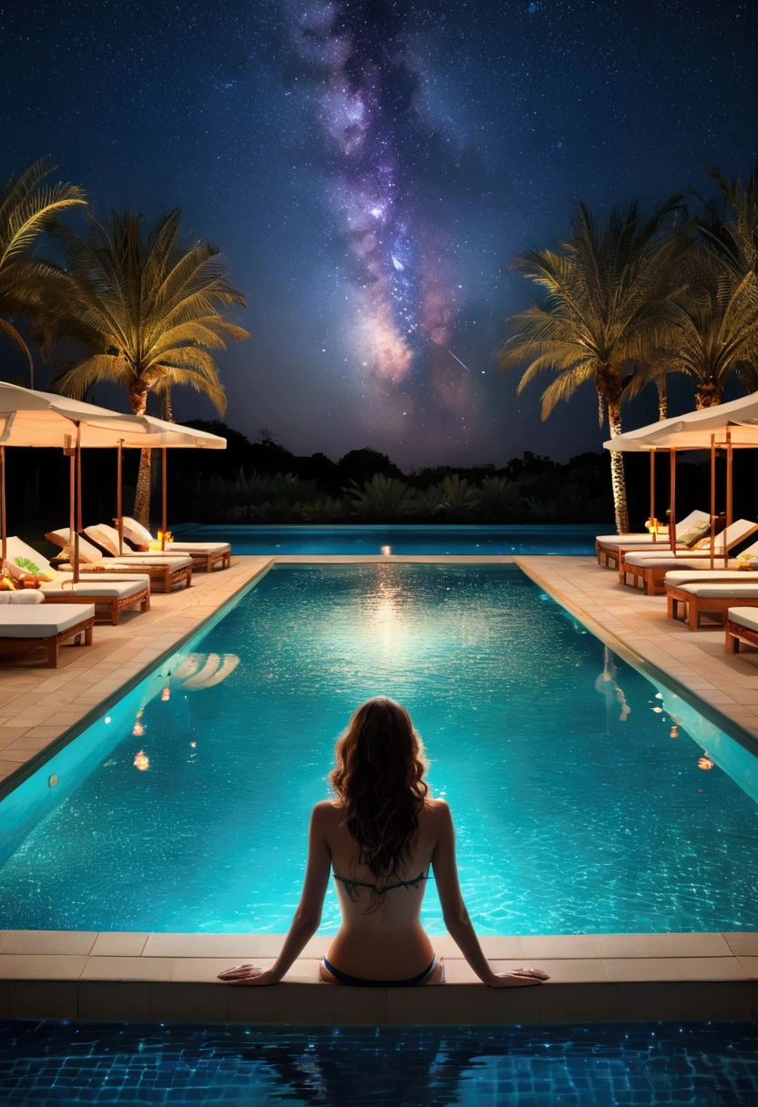 (Pool parties, people), The pool is under the starry sky, with the surface of the pool reflecting starlight. People enjoy the tranquility of the night in the pool, with small lights floating like stars. The whole is full of romance and mystery, full body, (Photography), panoramic view, award-winning, cinematic still, emotional, vignette, dynamic, vivid, (masterpiece, best quality, Professional, perfect composition, very aesthetic, absurdres, ultra-detailed, intricate details:1.3)