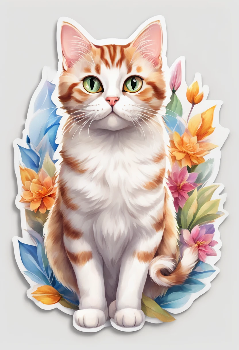 Um sticker com um gato da raça Kurilian Bobtail, 3D watercolor style painting, American Shorthair cat, full picture, High contrast high resolution (photorrealistic:1.5), White background, sticker style, (raw photos, 8k hd,