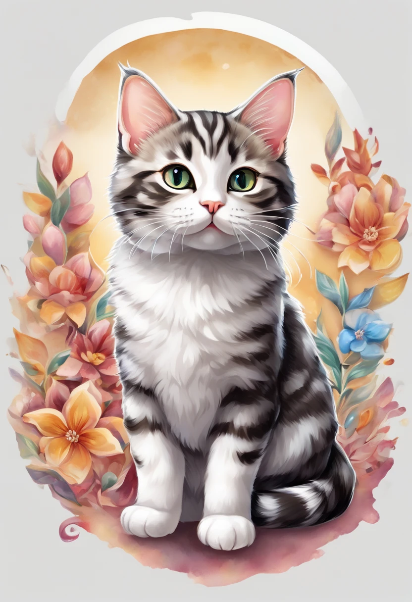 Um sticker com um gato da raça Kurilian Bobtail, 3D watercolor style painting, American Shorthair cat, full picture, High contrast high resolution (photorrealistic:1.5), White background, sticker style, (raw photos, 8k hd,