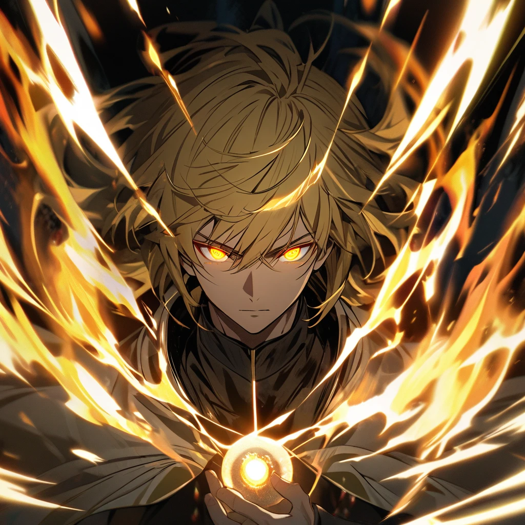 male, solo, handsome, blond hair, god, god eyes, glowing eyes, light, aura, holo, golden eyes, holo