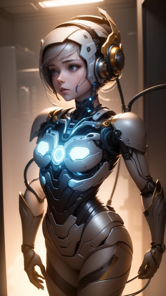 (((Masterpiece))), (((Best Quality))), ((ultra detailed)), (highly detailed CG illustration), ((an extremely delicate and beautiful)),(beautiful delicate face),cinematic light,((1 mechanical girl)),Alone,whole body,(machine made gaskets:1.4),((mechanical limbs)),(exploited muscles),(blood vessels connected to tubes),(A brain in a container:1.3),((mechanical vertebra attached to the back)),((mechanical cervical fixation to the neck)),((session)),Expressionless,(Wires and cables that attach to the head and body.:1.5),small breasts,short hair,(Character focus),Science fiction, (upper body, CG, UNITY, 8k, extremely detailed, the most beautiful artwork in the world, intricate details, high quality, hyper realistic, cinematic lighting, warm color palette, volumetric lighting, Photorealistic, masterpiece, vibrant colors, sharp focus)