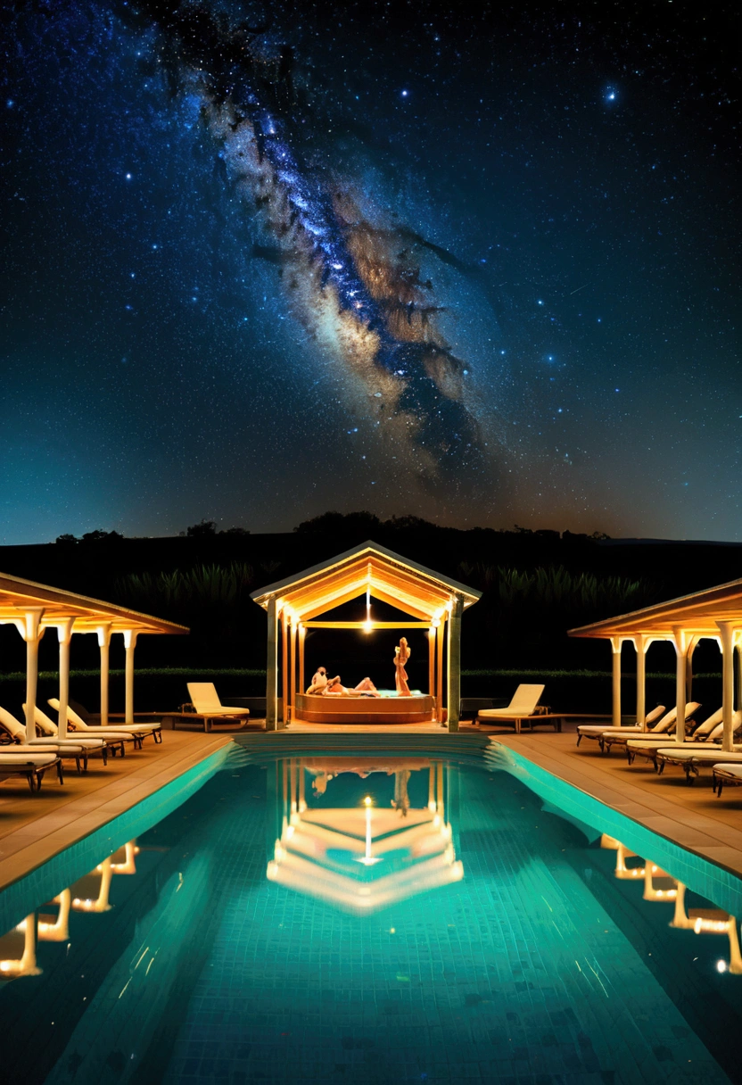 (Pool parties, people), The pool is under the starry sky, with the surface of the pool reflecting starlight. People enjoy the tranquility of the night in the pool, with small lights floating like stars. The whole is full of romance and mystery, full body, (Photography), panoramic view, award-winning, cinematic still, emotional, vignette, dynamic, vivid, (masterpiece, best quality, Professional, perfect composition, very aesthetic, absurdres, ultra-detailed, intricate details:1.3)