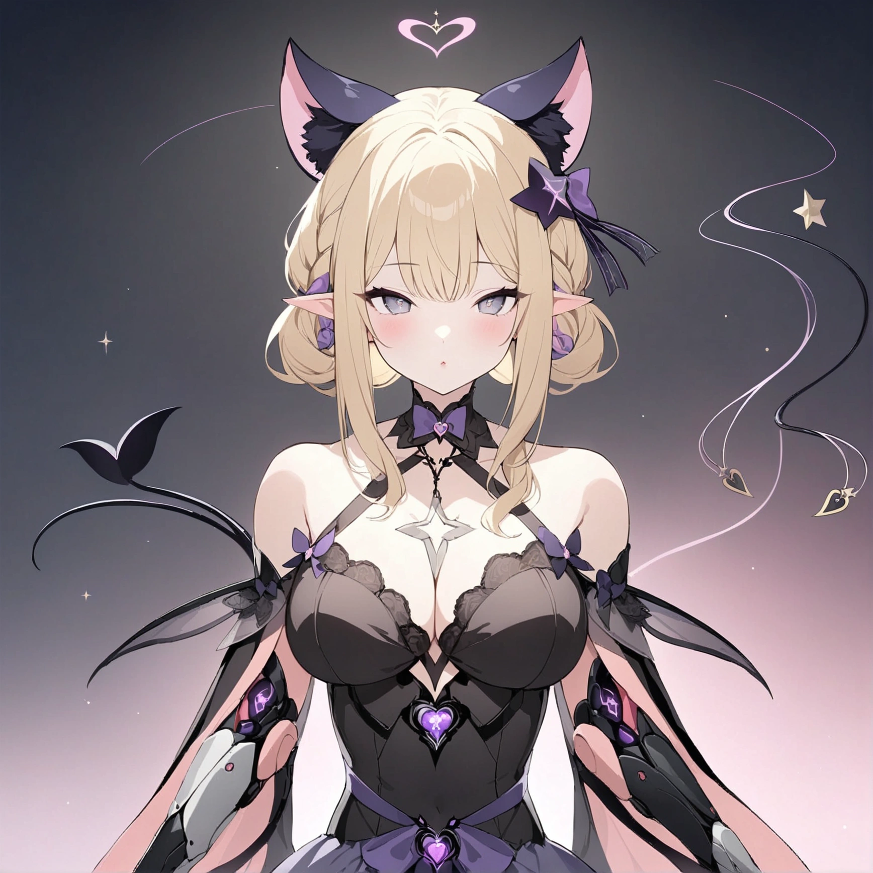 Woman 170cm tall, big chest, wide hip. (character design sheet: Full body front view). (blonde hair, waist-length curly wavy hair with a short center strand, She has a short braid tied with an elegant purple bow on the left side of her hair.. She has a short braid tied with an elegant purple bow on the right side of her hair. She has small ribbons in the back of her hair.). Gray eyes with a purple 4-pointed star in the pupil. Two black and purple serval ears located on the top of the head. Luminous black halo with purple star patterns above his head. black necklace with a heart emblem on the neck. (Elegant one-piece long dress with lace and ruffle skirt, ribbon decorations and star patterns on the dress). black gloves, beautiful black platform heels. gray belt at the waist with a large ribbon with a luminous pink heart in the middle. He has a complex demon tail with a small purple star on the tip.. (It has complex mechanical legs that reach up to the thighs and are black with small purple details.). beautiful detailed hair, beautiful detailed dress. extremely detailed arms. extremely detailed face, small face, Beautiful detailed eyes, beautiful detailed lips. adorable. extremely detailed legs. (Best Quality, 4k, 8k, high resolution), ultra detailed, Exquisite and epic character art.