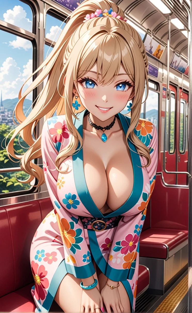 ultra-detailed, ((one girl)), in pastel colors gyaru, (heavy makeup), hyper detailed, absurdres, 8K, Beautiful Face, (Laugh shyly), ((teasing smile:1.8)), ((Wink:1.5)), (Laugh with your mouth wide open), ((looking far away:1.9)), ((Tilt your face:1.6)), ((full-face blushed:1.6)),Glossy Red Lips, (tan skin:1.5), ((Big Breasts:1.5)), ((show off breast)), ((undressing:1.2)), noon, on the train, (Brighten your face), ((Anime style background)),masterpiece, Highest quality, so beautiful,Latest, Complex details, (Pink long nails), (nail art), (ring),(bracelet), (Floral Choker),AI-generated, Complex,High resolution, Highest quality, super high quality,3D Images、3D Images,One person, (Blonde long hair), (High Ponytail), (wavy hair:1.3), Pastel anime woman posing for a photo, ((Fine grain、blue eyes、glowing eyes:1.4)), (Squint your eyes:1.1),a hyperRealistic , hyperRealistic , Realistic,Long blonde anime woman, Smooth anime CG art, A girl in a gorgeous pastel-colored kimono, ((Pastel colored long sleeve kimono)),(Pink large floral pattern), Long flower hair ornament,Floral Earrings,Mature Body, tall, Tight waist,((Sit in the seat)), ((leaning forward:1.6)), ((from side)),