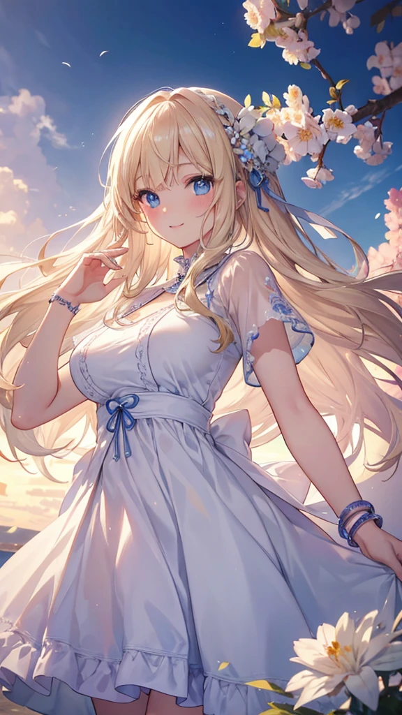 masterpiece、Highest quality、High resolution、High-quality images、8K, 、Skin Radiance、Texture of skin and clothing、Expression of fine eyes、Shining blonde,Long Hair Girl, Calm illustration、dress, Beautiful light blue eyes, Fuller lips, Gorgeous face with attention to detail, (Cute Smile), charm, Innocent, Side view, (Perfectly detailed face), (Beautiful Hands) Photorealistic images, Written boundary depth, flower、Big Breasts、Valkyrie