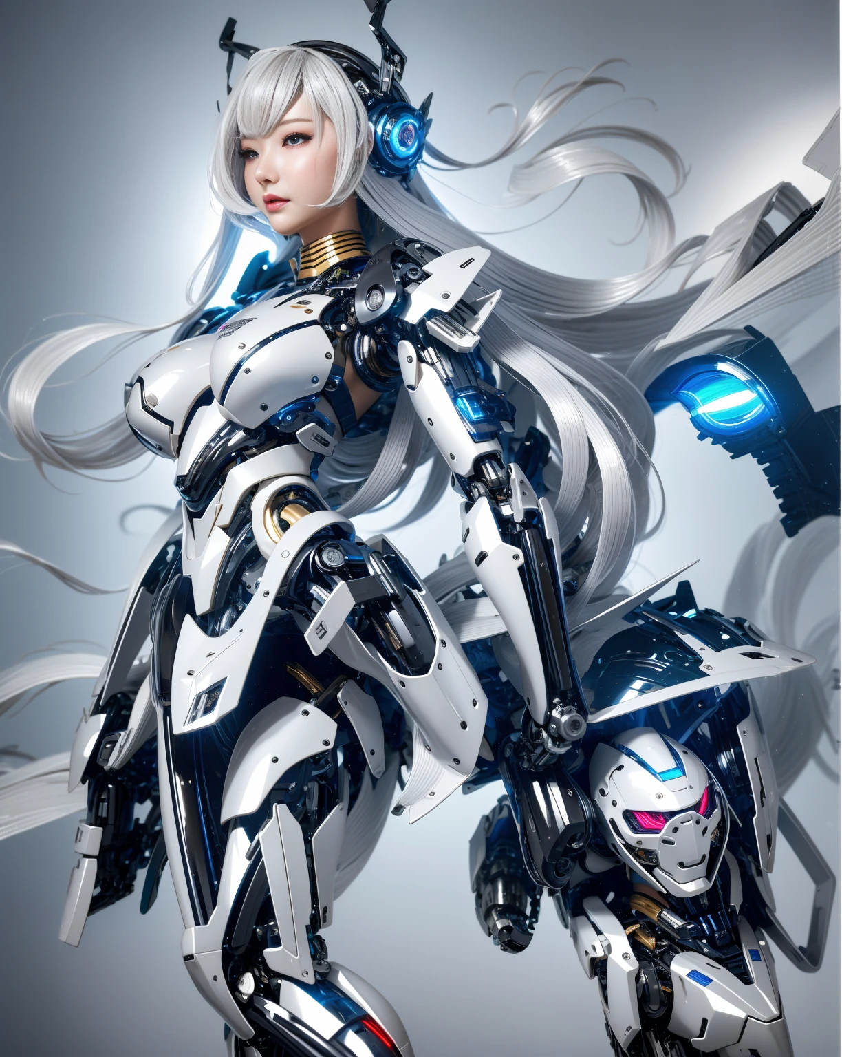 Outstanding,Super Detail, High Detail, high quality, best quality, High resolution,1 female robot,Beautiful female robot,beautiful clear face(Rain waves_haneame:1.5),Mechanical body(Smooth metal surface,armor,Mechanical seams of skin,beautiful body curves),High-tech mechanical armor(Mechanical Technology,Highlight breast contour)