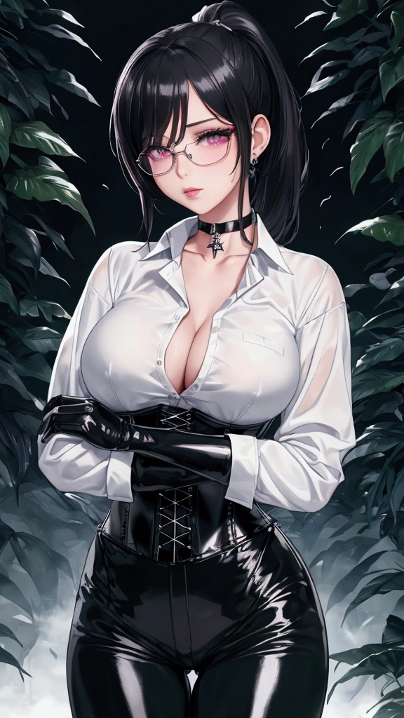 Masterpiece, Beautiful art, professional artist, 8k, Very detailed face, Detailed clothing, detailed fabric, 1 girl, View from the front, standing, crossed arms, pose sexy, BIG BREASTS, perfectly drawn body, shy expression, pale skin, beautiful face, black hair short ponytail, 4k eyes, very detailed eyes, pink cheeks, glasses, choker:1.6, (white long sleeve button down shirt with white collar), black gloves, gloves that cover hands, (black leather corset), (shiny black leggings), Sensual Lips, show details in the eyes, dark forest, Atmosphere, fog, At night