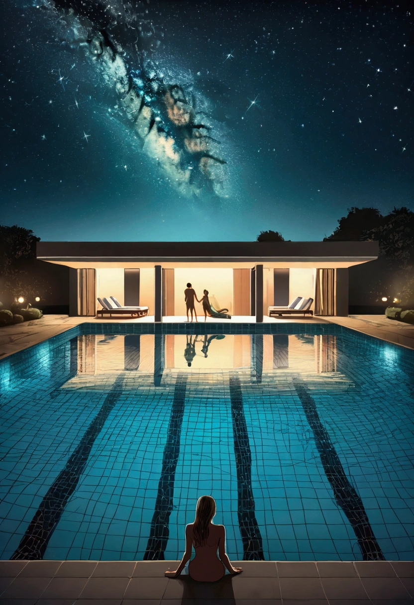 (Pool parties, people), The pool is under the starry sky, with the surface of the pool reflecting starlight. People enjoy the tranquility of the night in the pool, with small lights floating like stars. The whole  is full of romance and mystery, full body, (Photography), panoramic view, award-winning, cinematic still, emotional, vignette, dynamic, vivid, (masterpiece, best quality, Professional, perfect composition, very aesthetic, absurdres, ultra-detailed, intricate details:1.3)