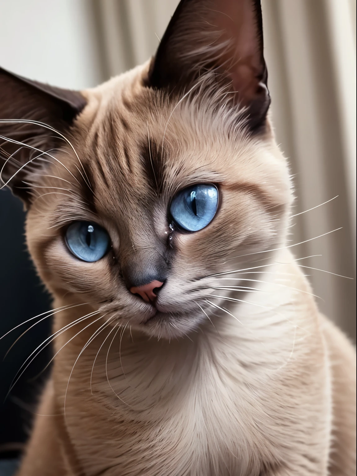 Siamese cat, house cat, close-up shot of face, sitting, white room, ears are small, dark hair, beautiful adult cat, 