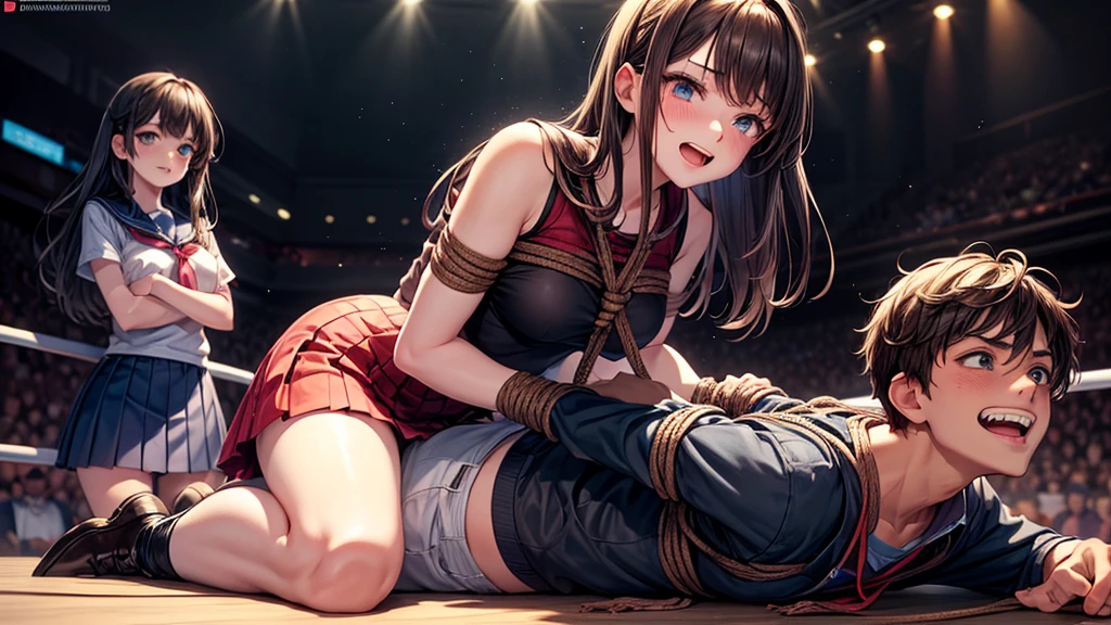 (1 boy, 1 girl), a age school girl in mixed bondage wrestling with a teenboy, they are roughly the same age, the school girl is wearing a red pleaded careered skirt and a black pullover, the girl has a is a bit smaller than the boy, the girl has shoulder long hair, the boy is wearing casual clothes, teenage hogtied and struggling against the ropes, school girl applying more ropes to the teenage boysy, blushing boy dominated and controlled by the girl, the girl is smiling and laughing and tries to humiliate the teenage boy, thenage boy is blushand ashamed and is gritting his teeth, he desperately tries to break free but to no avail, the girl is sitting on top of the teenage boy to prevent hrom moving and has ropes in her hands and uses them to tie up the arms of the teenage boy behind his back,arms of the teenage boy are completely tied nd his back in lots of ropes, the teenage boy looks very embarrased anhamed, the girl is saying „this must be embarrassing for you“ , huge struggle, many viewers watching, wrestling ring,intricate rope work, teenage boy blushing and ashamed, dramatighting, highly detailed, photorealistic, 8k, masterpiece, teenage school girl vs teenage school boy, fm, power, control, beaul teenage girl, detailed faces, teenage boy aggresiveled up by teenage girl, lots ofe, perfect eyes, detailed faces