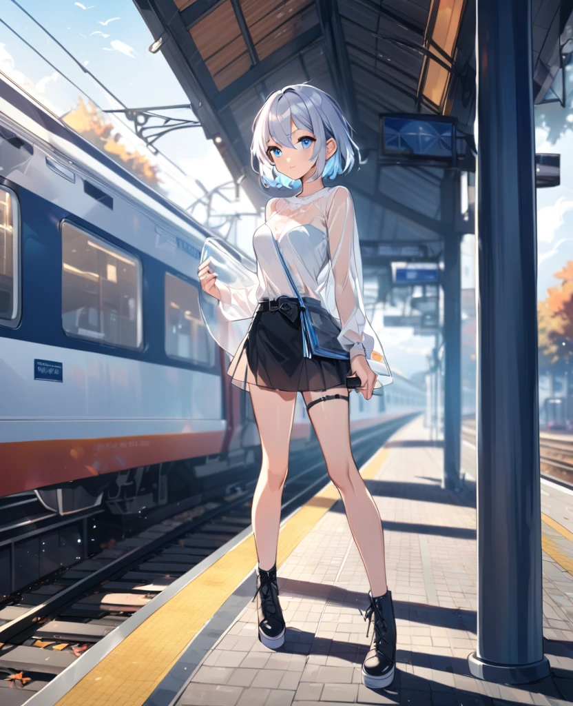 cute girl with blue eyes , short hair , mini skirt, long legs , medium breasts, translucent white shirt, see through shirt, at a train station in a small english town , in autumn season