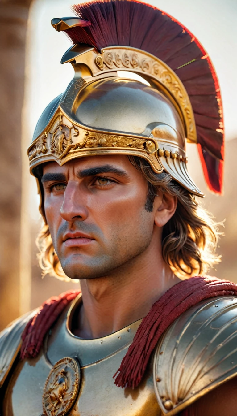 "Realistic portrait of Alexander the Great, ancient Greek military leader, wearing traditional Macedonian armor and helmet, with a determined expression, detailed and historically accurate."