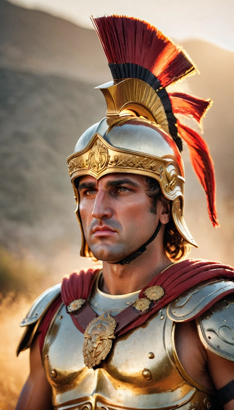 "Realistic portrait of Alexander the Great, ancient Greek military leader, wearing traditional Macedonian armor and helmet, with a determined expression, detailed and historically accurate."