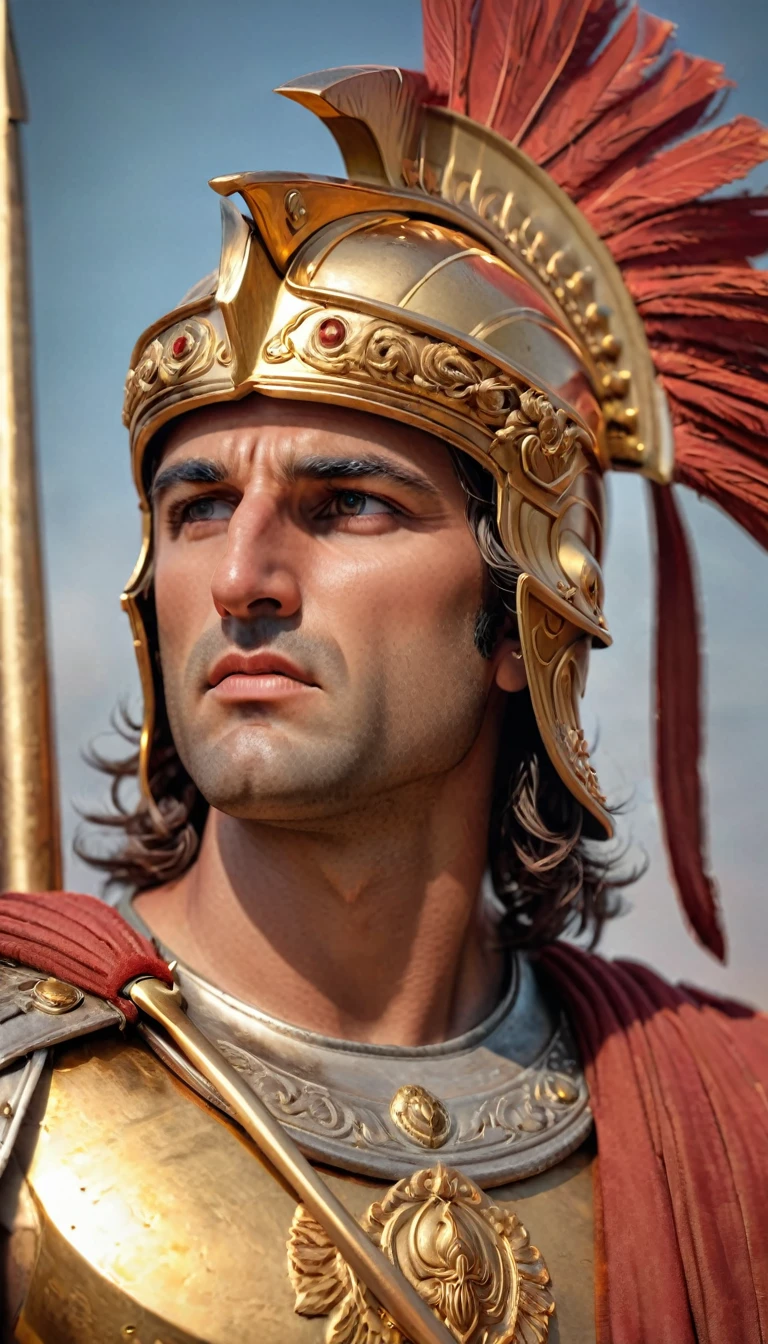"Realistic portrait of Alexander the Great, ancient Greek military leader, wearing traditional Macedonian armor and helmet, with a determined expression, detailed and historically accurate."