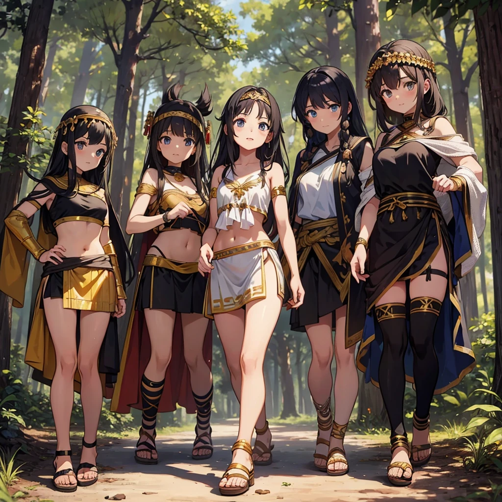 young greek warriors girls in togas , only girls , forest in the background , sandals ,