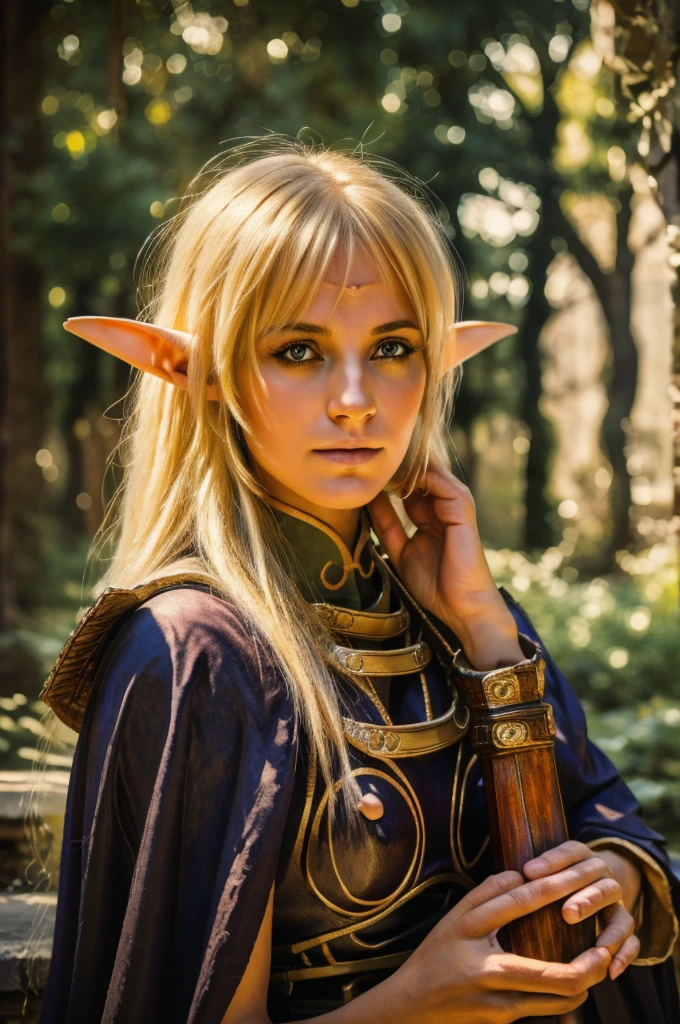 1girl, blond elf Deedlit from Record of Lodoss War, sitting gracefully on an ancient stone bench, playing her lute, long hair and cloak gently fluttering in the soft breeze, dappled sunlight, detailed face and eyes, extremely detailed intricate ornate details, (best quality,4k,8k,highres,masterpiece:1.2),ultra-detailed,(realistic,photorealistic,photo-realistic:1.37),fantasy,cinematic lighting,warm color tones,detailed wood texture,highly detailed stone texture,cinematic composition,intricate detailed background