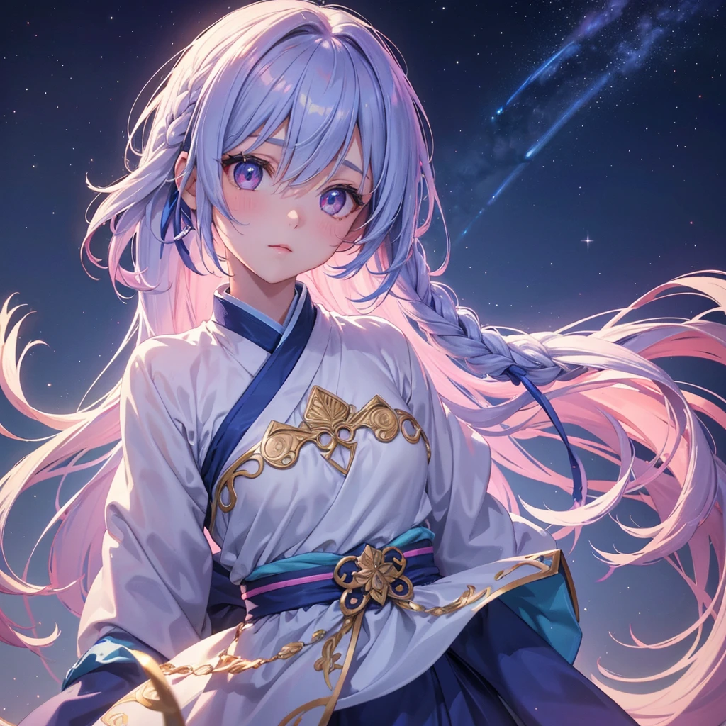 (Sky blue one braid hair),Pink Eyes,Fair skin ,(whole body),(One girl),Hanfu,(The beautiful, sparkling Milky Way in the night sky),Lonely Eyes,,(masterpiece, Highest quality, Very detailed, Best Shadow), (Detailed Background), (Beautifully detailed face), High Contrast, (Best lighting, Very delicate and beautiful), ((Cinematic Light)), colorful, Hyper Detail, Dramatic Light, Intricate details,