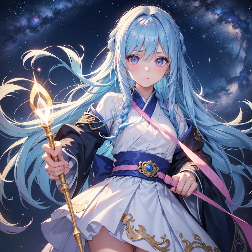 (Sky blue one braid hair),Pink Eyes,Fair skin ,(whole body),(One girl),Hanfu,(The beautiful, sparkling Milky Way in the night sky),Lonely Eyes,,(masterpiece, Highest quality, Very detailed, Best Shadow), (Detailed Background), (Beautifully detailed face), High Contrast, (Best lighting, Very delicate and beautiful), ((Cinematic Light)), colorful, Hyper Detail, Dramatic Light, Intricate details,