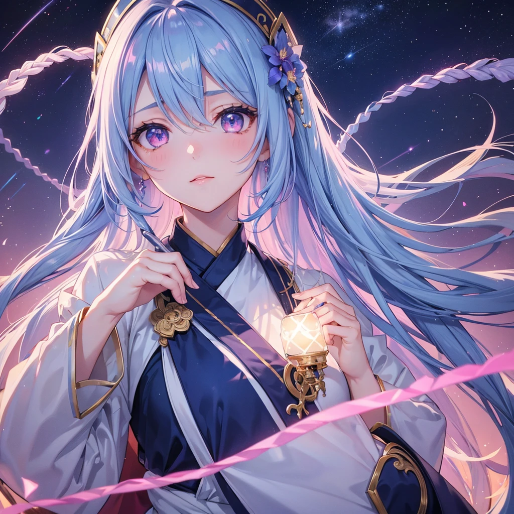 (Sky blue one braid hair),Pink Eyes,Fair skin ,(whole body),(One girl),Hanfu,(The beautiful, sparkling Milky Way in the night sky),Lonely Eyes,,(masterpiece, Highest quality, Very detailed, Best Shadow), (Detailed Background), (Beautifully detailed face), High Contrast, (Best lighting, Very delicate and beautiful), ((Cinematic Light)), colorful, Hyper Detail, Dramatic Light, Intricate details,