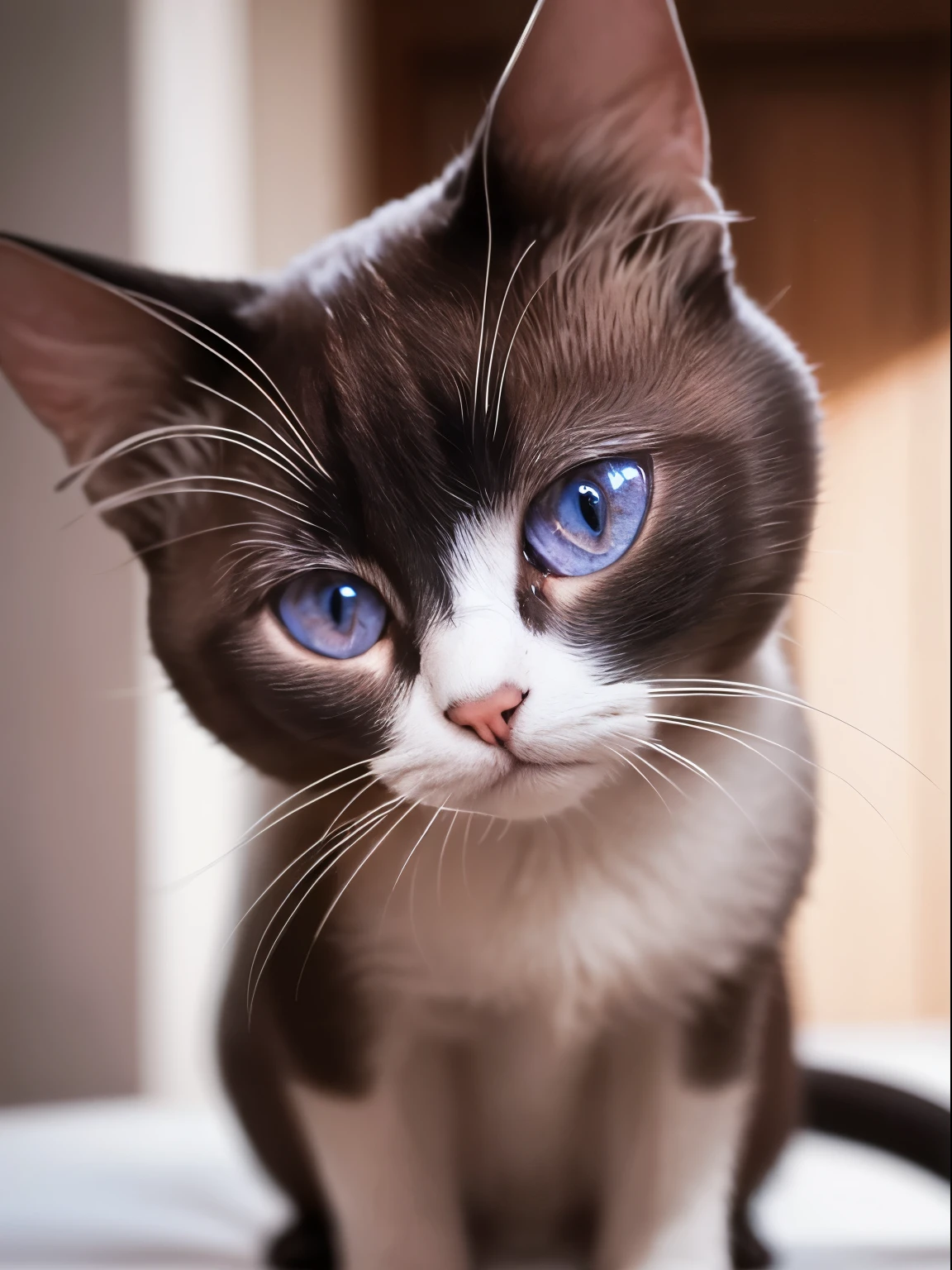 Siamese cat, house cat, close-up shot of face, sitting, white room, ears are small, dark hair, beautiful adult cat, 