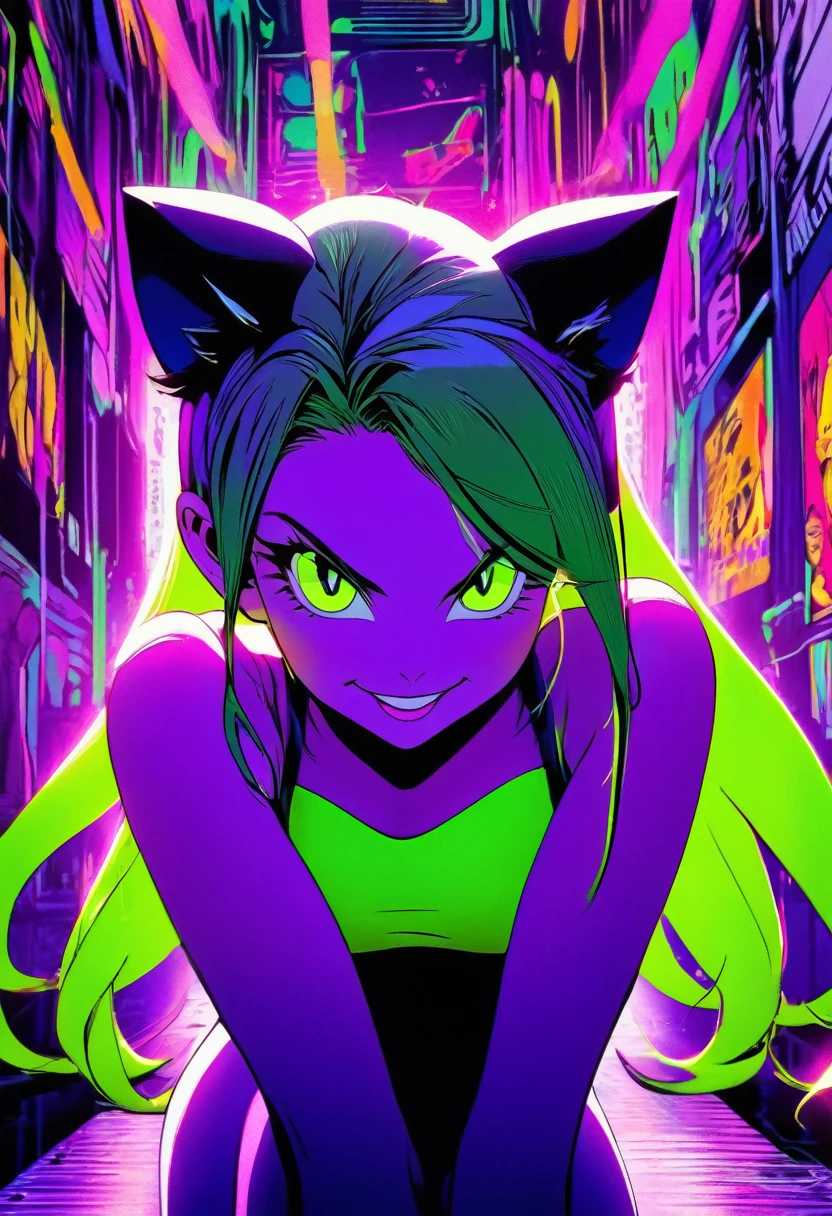 neon_pop art style, retro art style, art style,manga style,classical,art by Akira Toriyama, 1girl,slender ,cat ears,straight long green hair,light green eyes, ,medium breasts,soft expression,smile,blush,serioes eyes,

BREAK

wearing a jacket, purple t-shirt, short shorts jeans, latex leggings,
sitting in a living room,detailed livingroom background,couch, front view ,arms extented aprat,looking at viewer,cowboy shot,volumetric light,studio lighting,lanse flare abuse,38 mm photograph.