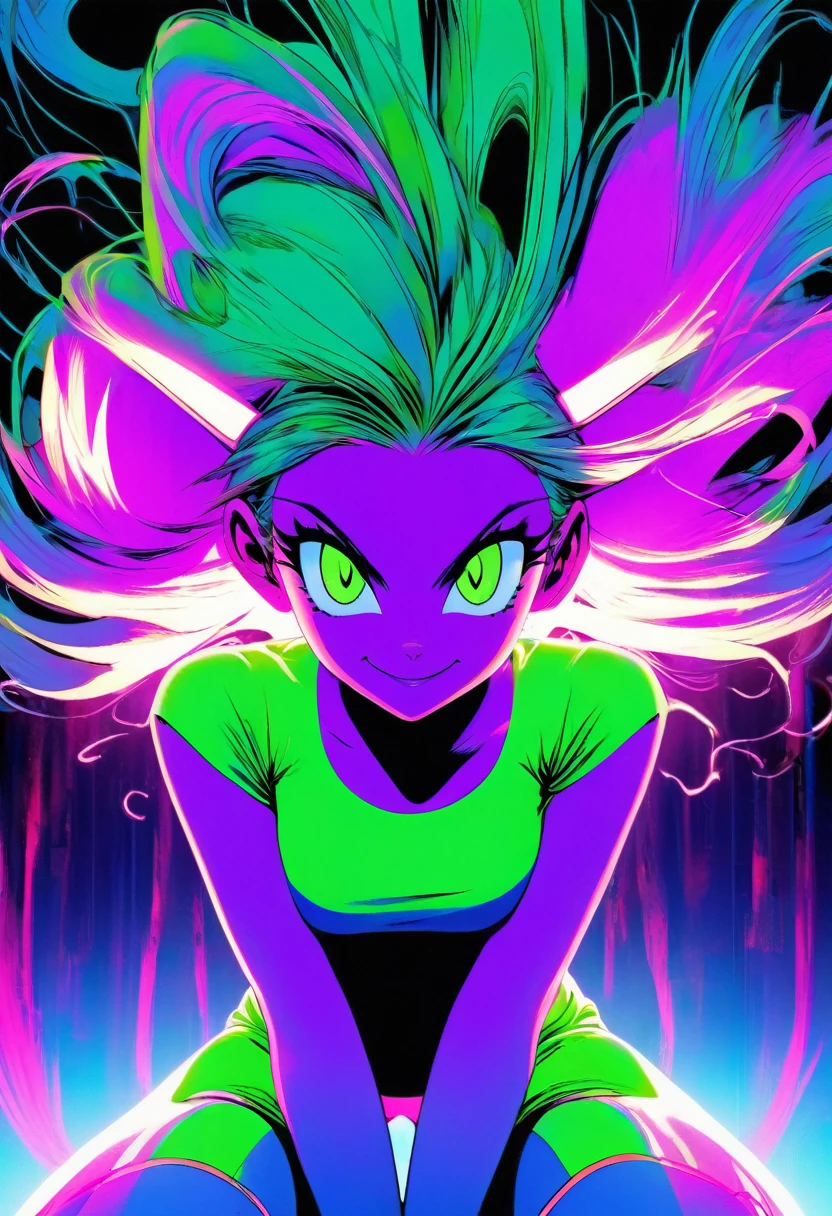neon_pop art style, retro art style, art style,manga style,classical,art by Akira Toriyama, 1girl,slender ,cat ears,straight long green hair,light green eyes, ,medium breasts,soft expression,smile,blush,serioes eyes,
BREAK
wearing a jacket, purple t-shirt, short shorts jeans, latex leggings,
sitting in a living room,detailed livingroom background,couch, front view ,arms extented aprat,looking at viewer,cowboy shot,volumetric light,studio lighting,lanse flare abuse,38 mm photograph.