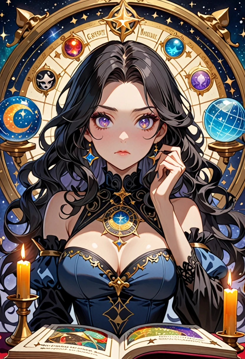 Highest quality, 16K, Unbelievably absurd, Very detailed, 2.5D, delicate and dynamic, , formal, Fortune Telling Hut, Gothic, candle, Astrology Books, Suspicious ornament, Star Chart, Thick book, Creepy Paintings, Gargoyle, A colorful celestial globe, Small face, Very delicate facial expressions, Delicate eye depiction, Upper body close-up, erotic, One sexy woman, Cool woman, black long wavy hair, Healthy body shape, 25-year-old woman, Cool woman, Height: 170cm, huge bouncing busts, astrologer, Horoscope, Tarot Cards, Suspicious look, A complex magician's outfit, Magician's outfit in chic colors, garter belt, Fishnet tights, Magician's Shoes, At the desk, Fortune telling,