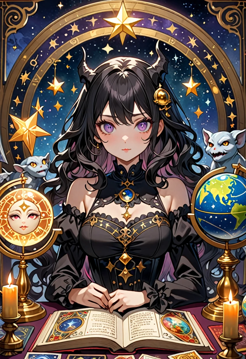 Highest quality, 16K, Unbelievably absurd, Very detailed, 2.5D, delicate and dynamic, , formal, Fortune Telling Hut, Gothic, candle, Astrology Books, Suspicious ornament, Star Chart, Thick book, Creepy Paintings, Gargoyle, A colorful celestial globe, Small face, Very delicate facial expressions, Delicate eye depiction, Upper body close-up, erotic, One sexy woman, Cool woman, black long wavy hair, Healthy body shape, 25-year-old woman, Cool woman, Height: 170cm, huge bouncing busts, astrologer, Horoscope, Tarot Cards, Suspicious look, A complex magician's outfit, Magician's outfit in chic colors, garter belt, Fishnet tights, Magician's Shoes, At the desk, Fortune telling,