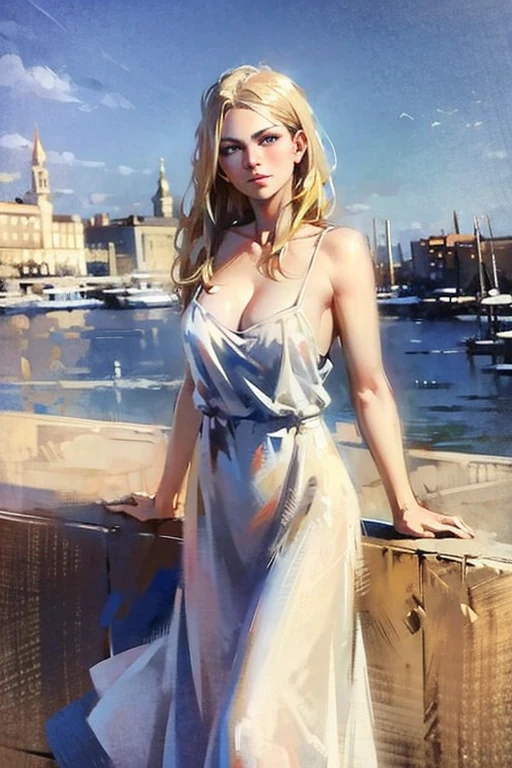 Masterpiece cinematic photo, photograph cinematic photo a russian beauty ,big blue eyes, blonde, ultra detailed, ultra sharp, ((best quality, симметрия)), ((masterpiece)), Stands on the embankment of Moscow.  cityscape background, photograph, film, bokeh, professional, 16k , oil painting, 