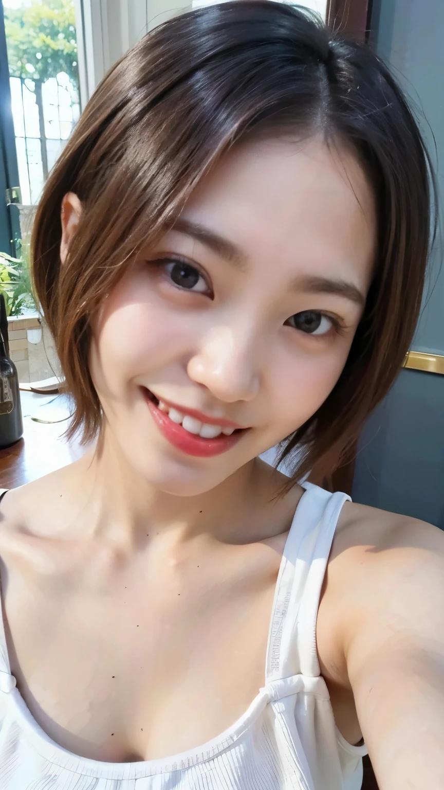 (8K、RAW Photos、Highest quality、masterpiece:1.2)、((Smiling with teeth showing、Thin your eyebrows、Thin your eyebrows、Make your pupils smaller:1.5))、((lower nose、Nasolabial folds:1.2))、((Nipples、pubic hair:1.3))、((Short Hair、bangs))、(Realistic、Realistic)、1 Girl、((naked、shower、Flat Chest、smile))、cute