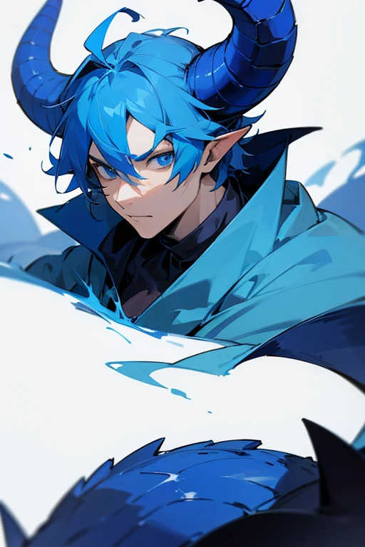 a blue dragon man with 2 horns on his head