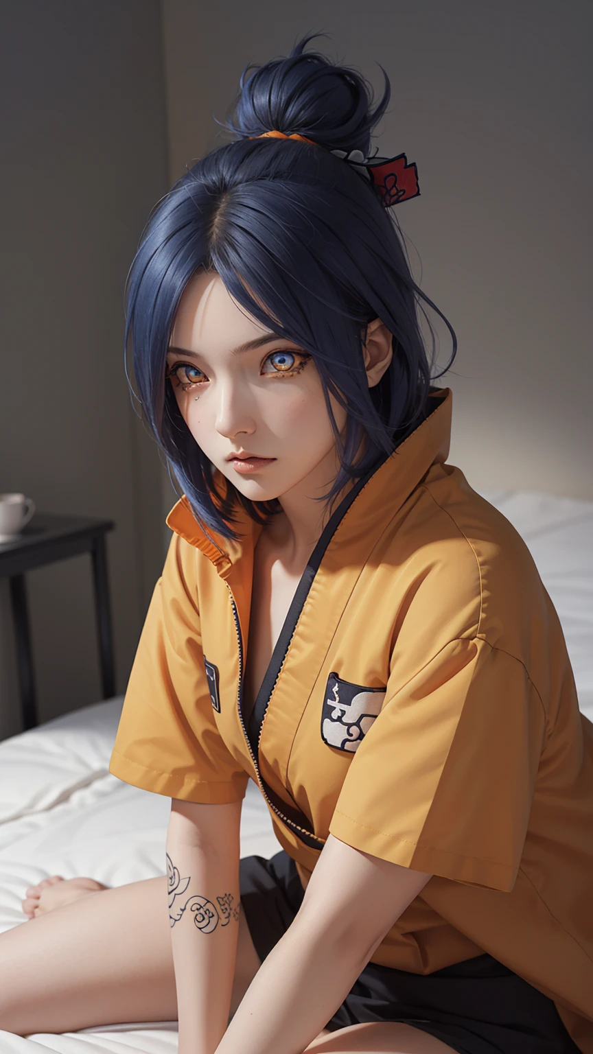 girl , Girl  ,  , short hair, hair ornament, blue hair, legs , sitting on the bed , small, panties, bra, Sexual тело , underwear, Sexual , bra, panties, one flower, hair цветок, (orange eyes:1.2), (labret piercing:1.2), eyeshadow, (Akatsuki uniform:1.5), Akatsuki \(naruto\),BREAK (masterpiece:1.2), Best quality, A high resolution, unity 8k wallpaper, (illustration:0.8), (beautiful detailed eyes:1.6), very detailed face, perfect lighting, extremely detailed computer graphics, (perfect hands, Ideal Anatomy),