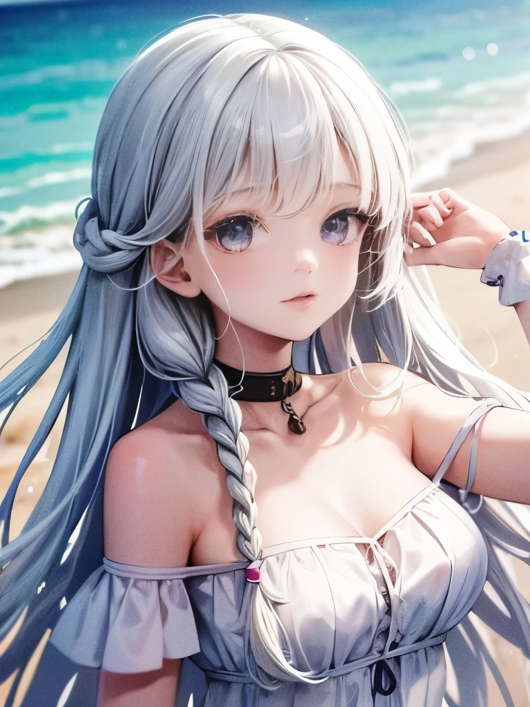 One girl,High resolution, high quality, masterpiece, mxmk white dress, Ultra high definition, Off the shoulder, Purple eyes, White Dress, Braiding, impact, Beach
