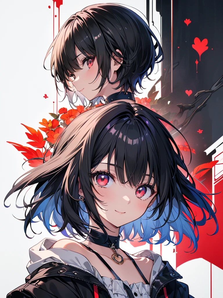 (masterpiece, highest quality, highest quality, (No text), Beautiful and aesthetic:1.2),No text,アニメ、BREAK,One Girl,Black Hair Girl short hair older sister choker Tree Eyes Beautiful eyes Red eyes cool smile Red and Black Black jacket mini skirt whole body profile In town