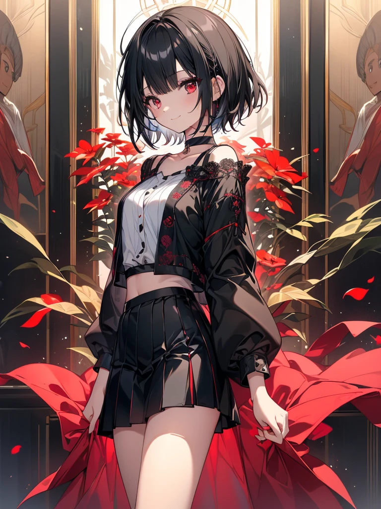 (masterpiece, highest quality, highest quality, (No text), Beautiful and aesthetic:1.2),No text,アニメ、BREAK,One Girl，Black Hair Girl　short hair　older sister　choker　Tree Eyes　Beautiful eyes　Red eyes　cool　smile　Red and Black　Black jacket　mini skirt　whole body　profile　In town