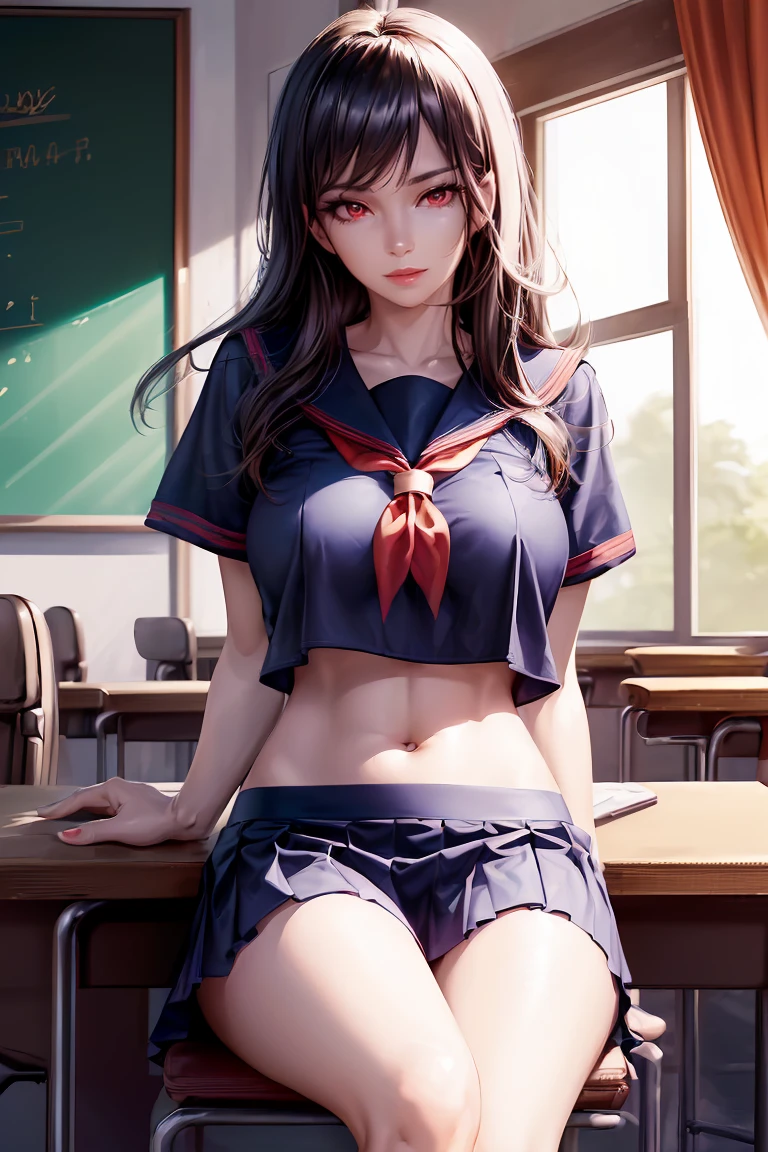 woman, sexy woman, mature female, mommy, black hair, red eyes, detailed eyes, detailed lips, big breasts, short sleeves sailor uniform, sit with crossed legs, classroom, evil smiling, seductive lips, adjusting hair, skirt, hunter eyes, look from below, slighty midriff