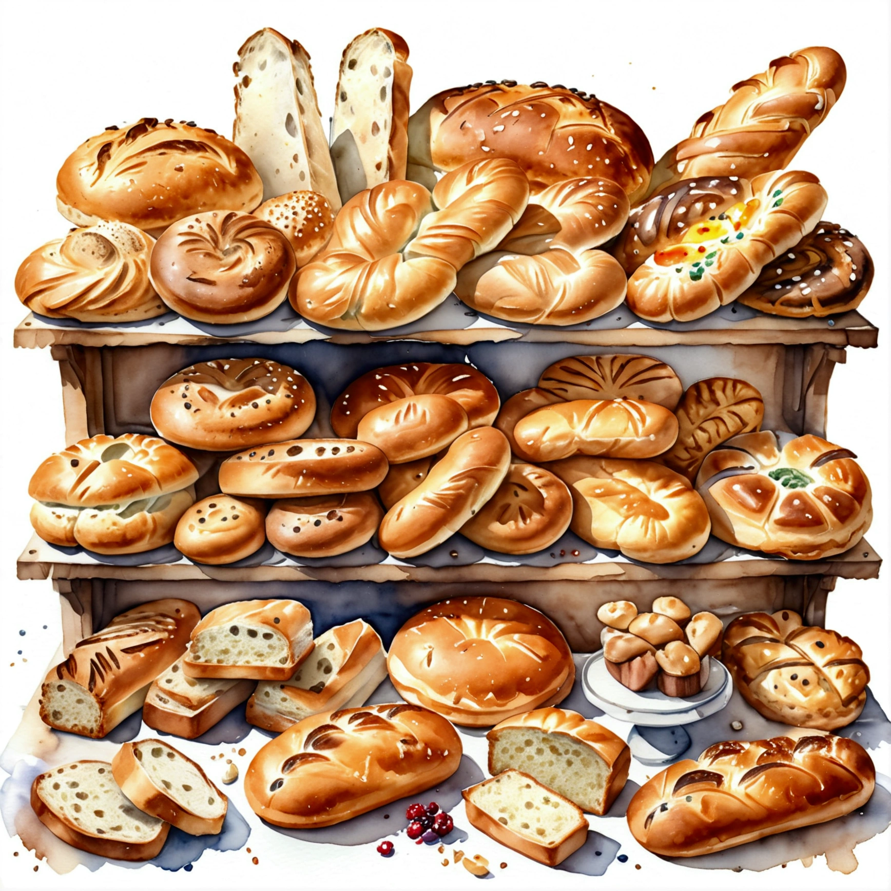 Single bakery food stall, many type full of bread, cake illustration, baking ingredients, isolated with solid white background, surrounded with negative space, centered composition, 8k, highest detailed painting, very precise painting, Isolated, clear solid white background, perspective angle of view, cartoon style, ((watercolor:1)), clip art, (lora:add-detail-xl:1), (masterpiece), (best quality),