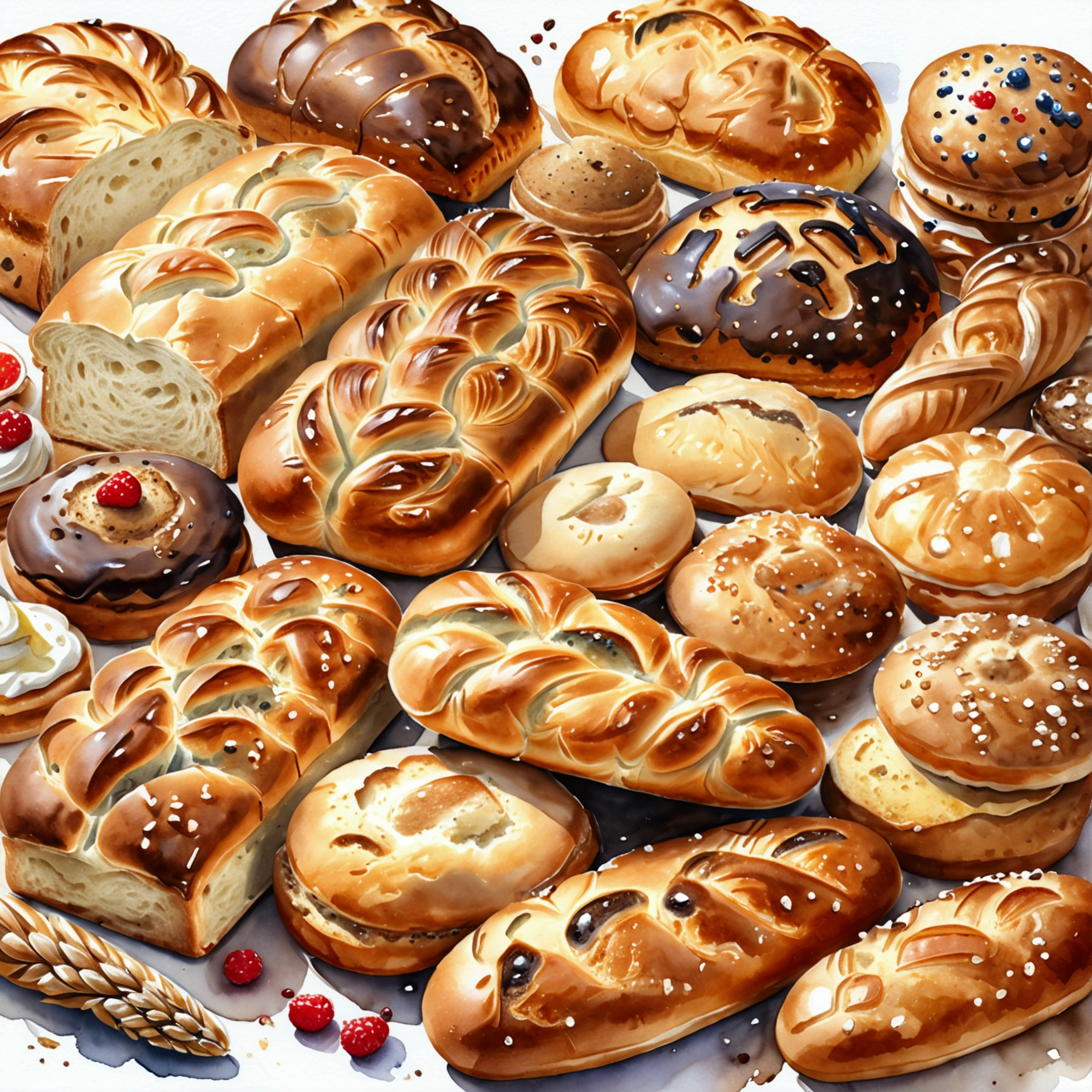 Single bakery food stall, many type full of bread, cake illustration, baking ingredients, isolated with solid white background, surrounded with negative space, centered composition, 8k, highest detailed painting, very precise painting, Isolated, clear solid white background, perspective angle of view, cartoon style, ((watercolor:1)), clip art, (lora:add-detail-xl:1), (masterpiece), (best quality),