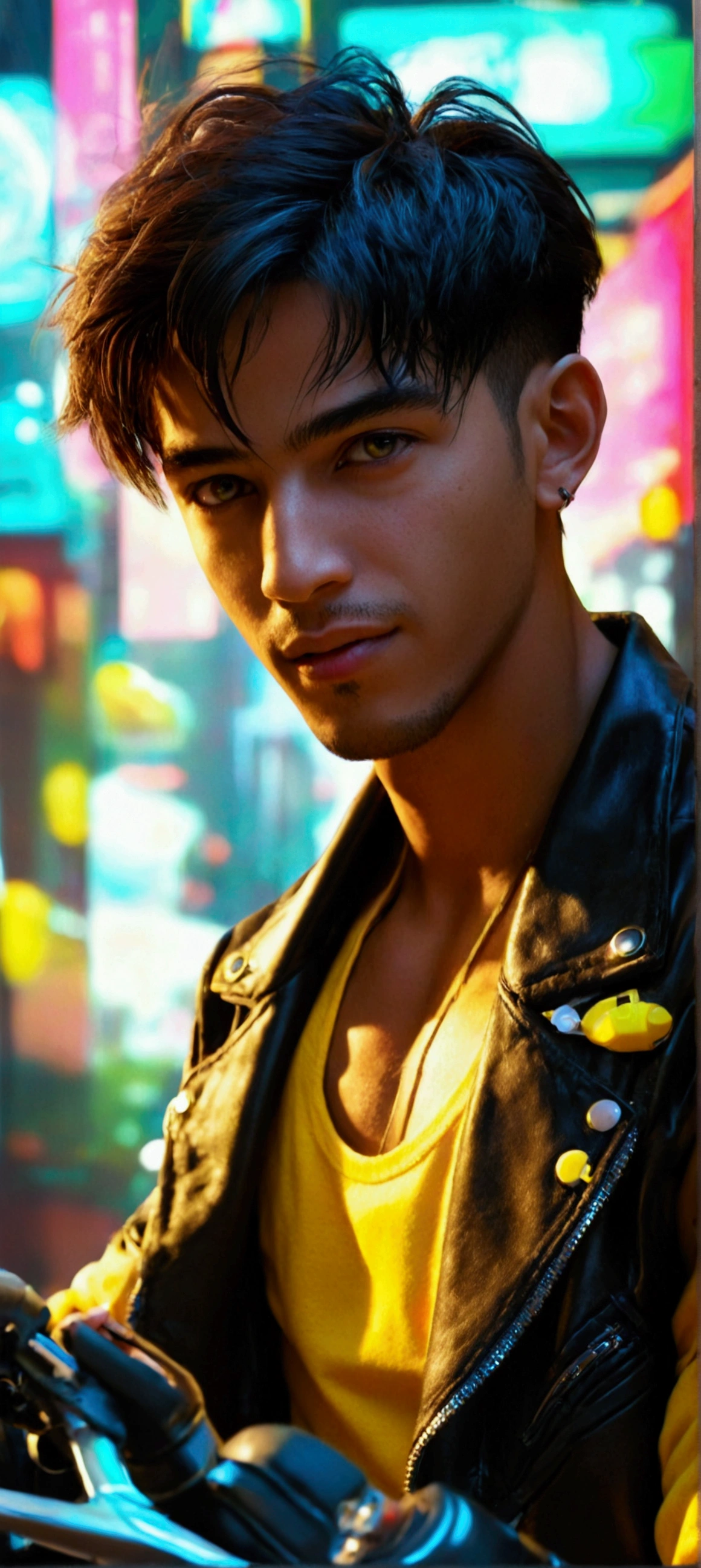 realistic, portrait of a man,AI language model, short hair, smart, energetic, cheerful, creative, with sparkling eyes and a contagious smile, cybertech wear, sleek and futuristic design elements, 20 years old, man, Moroccan, bad boy, black jacket, yellow top tank, cyberpunk clothes, riding a black sport bike