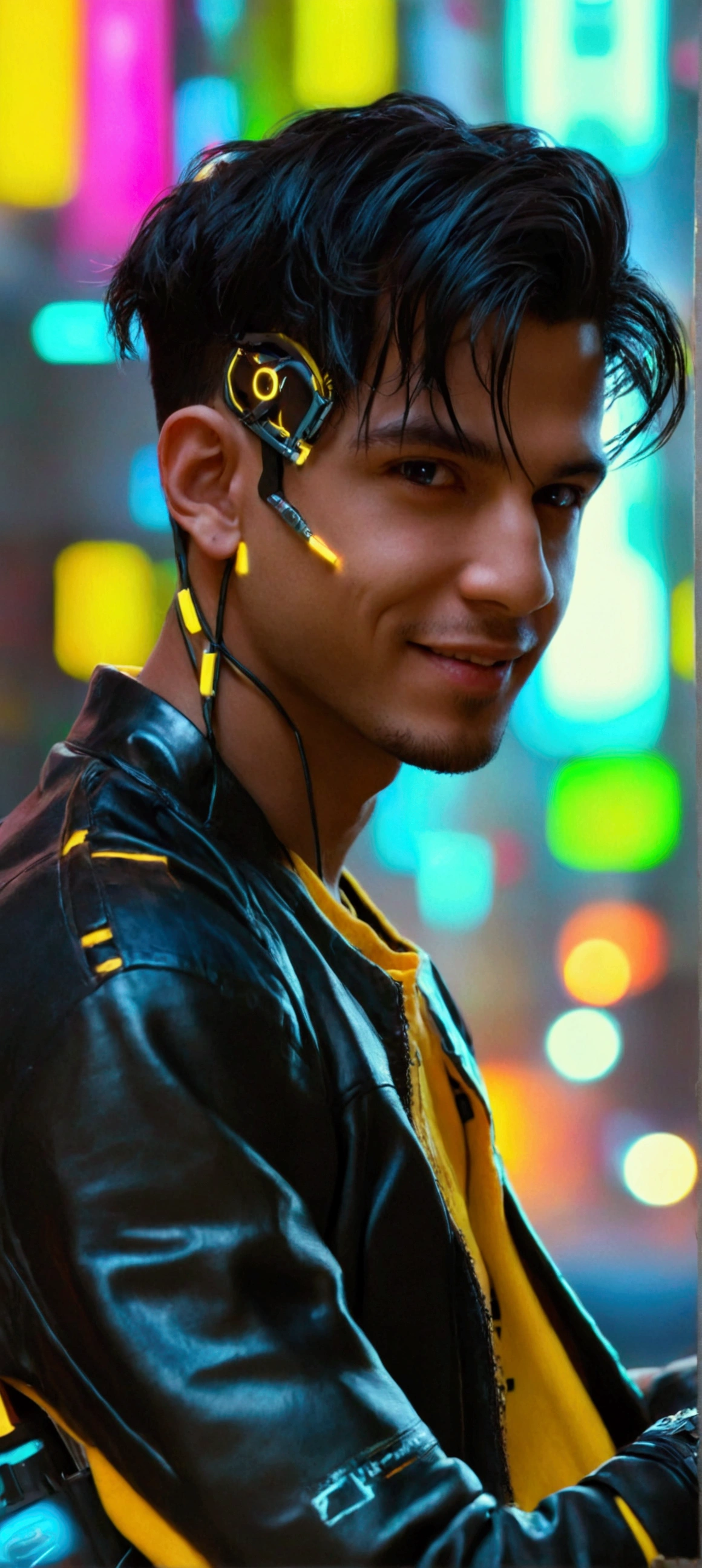 realistic, portrait of a man,AI language model, short hair, smart, energetic, cheerful, creative, with sparkling eyes and a contagious smile, cybertech wear, sleek and futuristic design elements, 20 years old, man, Moroccan, bad boy, black jacket, yellow top tank, cyberpunk clothes, riding a black sport bike