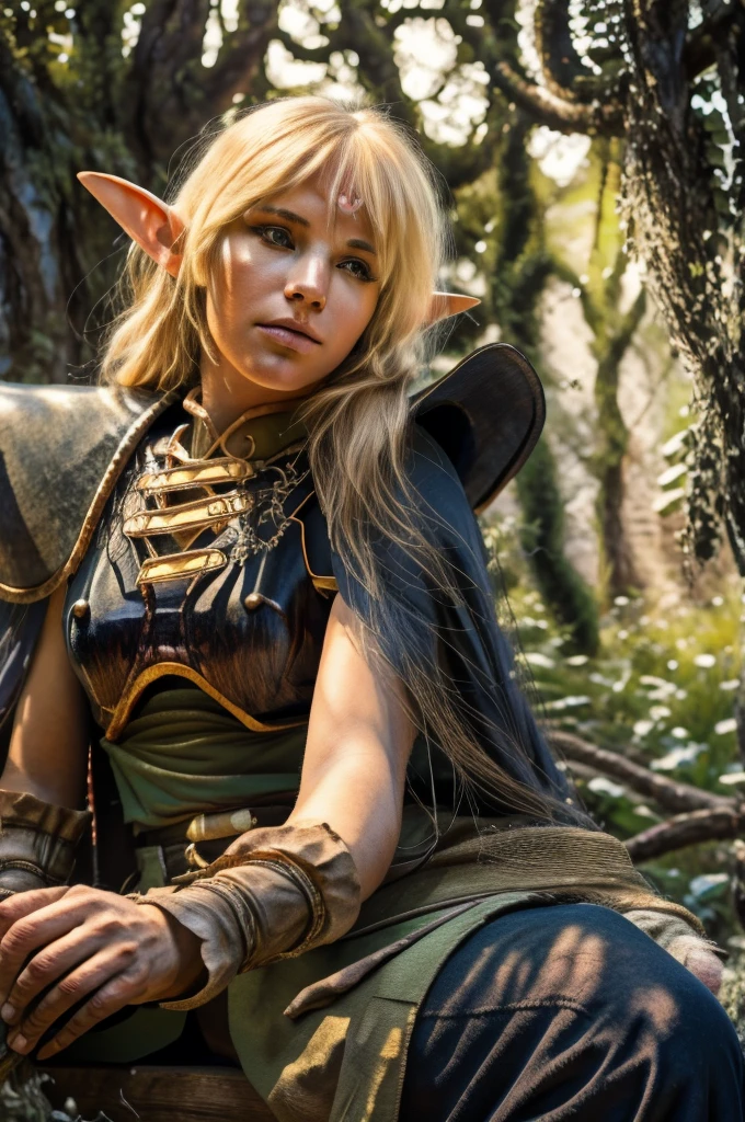 1girl, blond elf Deedlit from Record of Lodoss War, sitting gracefully on an ancient stone bench, playing her lute, long hair and cloak gently fluttering in the soft breeze, dappled sunlight, detailed face and eyes, extremely detailed intricate ornate details, (best quality,4k,8k,highres,masterpiece:1.2),ultra-detailed,(realistic,photorealistic,photo-realistic:1.37),fantasy,cinematic lighting,warm color tones,detailed wood texture,highly detailed stone texture,cinematic composition,intricate detailed background