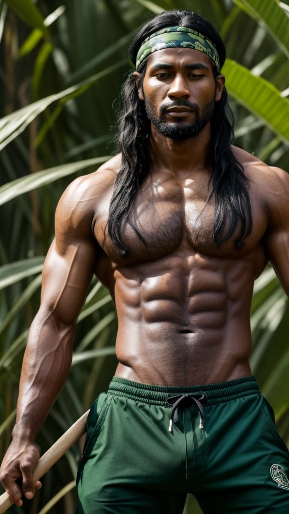 A man around 30 years old, medium height, long black hair, slightly messy, not tied, eyes closed, brown skin with scars on several parts of the body, athletic and muscular body, green warrior clothes, green snake scale motif, long trousers , headband, wooden stick.