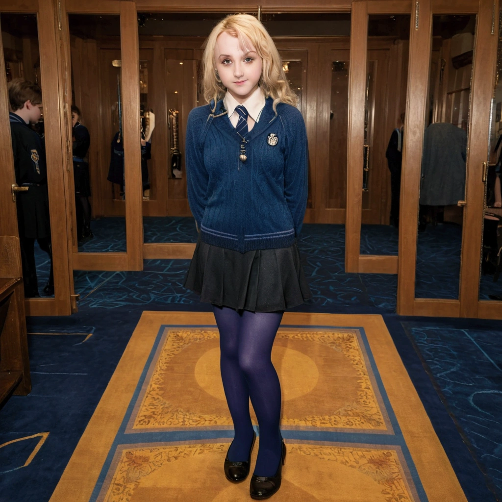 NSFW 25 year old luna lovegood, ravenclaw uniform, revealing clothing, exposed breasts, legs apart revealing underwear, dominatrix, strict sassy pose, sensual masterpiece, 8k, hi-res, award winning, (highest quailty:1.5), erotic girl, hogwarts