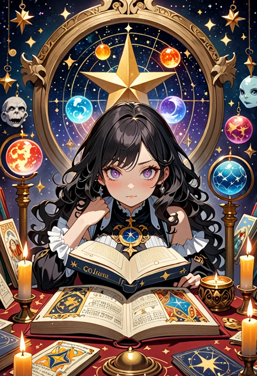 Highest quality, 16K, Unbelievably absurd, Very detailed, 2.5D, delicate and dynamic, , formal, Fortune Telling Hut, Gothic, candle, Astrology Books, Suspicious ornament, Star Chart, Thick book, Creepy Paintings, Gargoyle, A colorful celestial globe, Small face, Very delicate facial expressions, Delicate eye depiction, Upper body close-up, erotic, One sexy woman, Cool woman, black long wavy hair, Healthy body shape, 25-year-old woman, Cool woman, Height: 170cm, huge bouncing busts, astrologer, Horoscope, Tarot Cards, Suspicious look, A complex magician's outfit, Magician's outfit in chic colors, garter belt, Fishnet tights, Magician's Shoes, At the desk, Fortune telling,