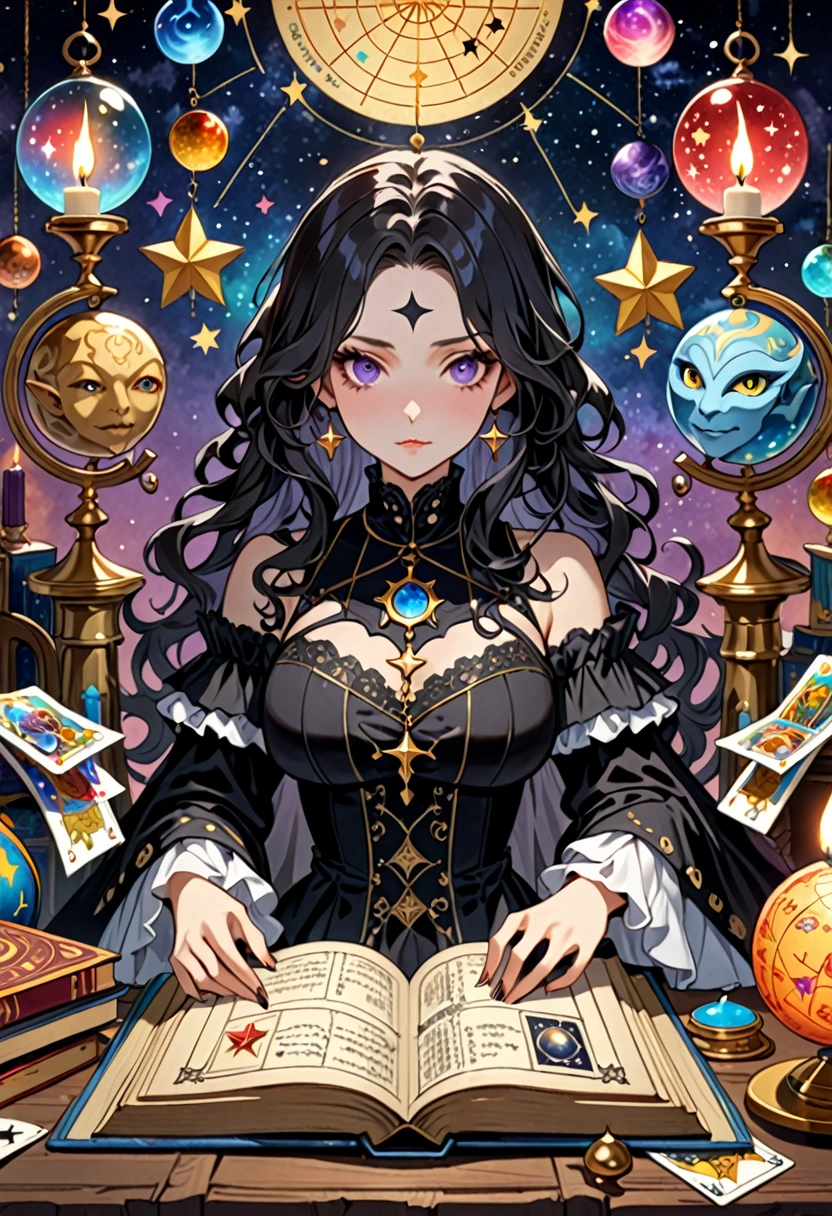Highest quality, 16K, Unbelievably absurd, Very detailed, 2.5D, delicate and dynamic, , formal, Fortune Telling Hut, Gothic, candle, Astrology Books, Suspicious ornament, Star Chart, Thick book, Creepy Paintings, Gargoyle, A colorful celestial globe, Small face, Very delicate facial expressions, Delicate eye depiction, Upper body close-up, erotic, One sexy woman, Cool woman, black long wavy hair, Healthy body shape, 25-year-old woman, Cool woman, Height: 170cm, huge bouncing busts, astrologer, Horoscope, Tarot Cards, Suspicious look, A complex magician's outfit, Magician's outfit in chic colors, garter belt, Fishnet tights, Magician's Shoes, At the desk, Fortune telling,