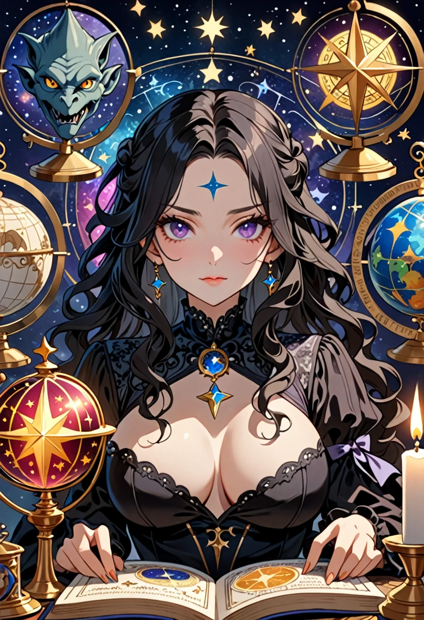 Highest quality, 16K, Unbelievably absurd, Very detailed, 2.5D, delicate and dynamic, , formal, Fortune Telling Hut, Gothic, candle, Astrology Books, Suspicious ornament, Star Chart, Thick book, Creepy Paintings, Gargoyle, A colorful celestial globe, Small face, Very delicate facial expressions, Delicate eye depiction, Upper body close-up, erotic, One sexy woman, Cool woman, black long wavy hair, Healthy body shape, 25-year-old woman, Cool woman, Height: 170cm, huge bouncing busts, astrologer, Horoscope, Tarot Cards, Suspicious look, A complex magician's outfit, Magician's outfit in chic colors, garter belt, Fishnet tights, Magician's Shoes, At the desk, Fortune telling,